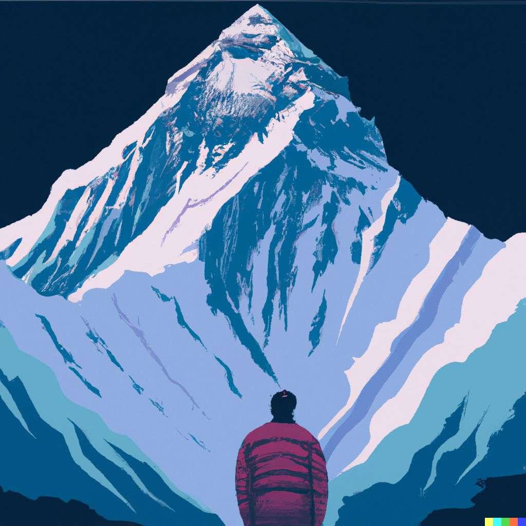 someone gazing at Mount Everest, futuristic print